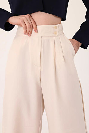 Kadın Taş Çift Düğmeli Keten Palazzo Pantolon