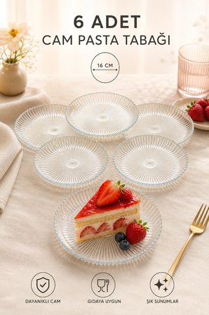 6 Adet Çizgili Cam Pasta Tabağı Seti 16 cm – Tatlı, Kek ve Sunum Tabağı