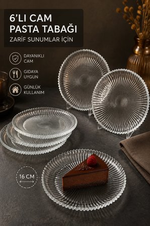 6 Adet Çizgili Cam Pasta Tabağı Seti 16 cm – Tatlı, Kek ve Sunum Tabağı
