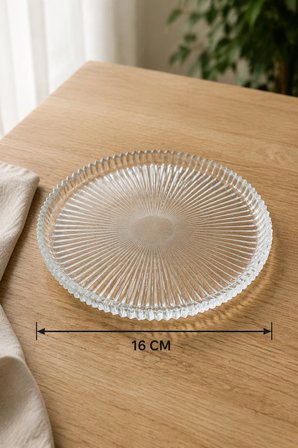 6 Adet Çizgili Cam Pasta Tabağı Seti 16 cm – Tatlı, Kek ve Sunum Tabağı