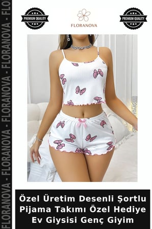 Özel Üretim Desenli Şortlu Pijama Takımı Özel Hediye Ev Giysisi Genç Giyim
