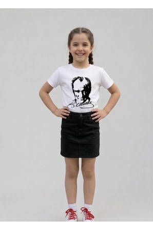 Kız Çocuk ATATÜRK Baskılı T-Shirt Ve Keten Etek Takım 23 NİSAN-Özel Bayramlar
