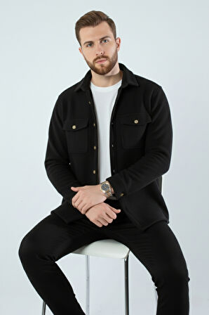 Erkek Slim Fit Düğmeli Yaka Çift Cepli Düz Siyah Polar Erkek Gömlek