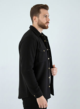 Erkek Slim Fit Düğmeli Yaka Çift Cepli Düz Siyah Polar Erkek Gömlek
