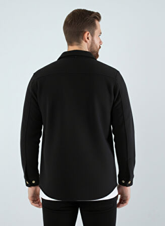 Erkek Slim Fit Düğmeli Yaka Çift Cepli Düz Siyah Polar Erkek Gömlek