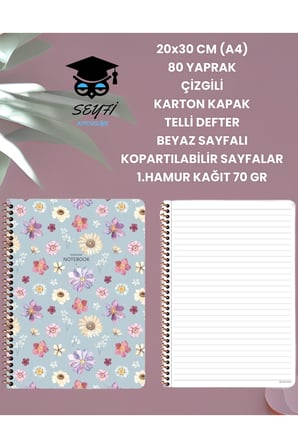 20x30 CM (A4) 80 YAPRAK ÇİZGİLİ KARTON KAPAK TELLİ DEFTER BEYAZ SAYFALI KOPARTILABİLİR SAYFALAR
