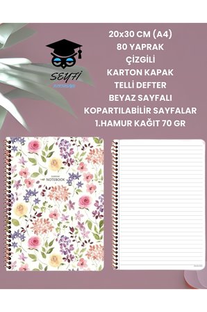 20x30 CM (A4) 80 YAPRAK ÇİZGİLİ KARTON KAPAK TELLİ DEFTER BEYAZ SAYFALI KOPARTILABİLİR SAYFALAR
