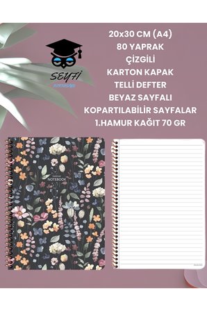 20x30 CM (A4) 80 YAPRAK ÇİZGİLİ KARTON KAPAK TELLİ DEFTER BEYAZ SAYFALI KOPARTILABİLİR SAYFALAR