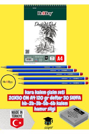kara kalem çizim seti 20X30 CM A4 120 gr defter 30 SAYFA hb-2b-3b-5b-6b kalem hamur silgi herboy