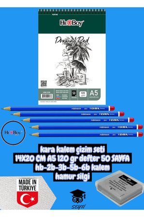 kara kalem çizim seti 14X20 CM A5 120 gr defter 50 SAYFA hb-2b-3b-5b-6b kalem hamur silgi herboy