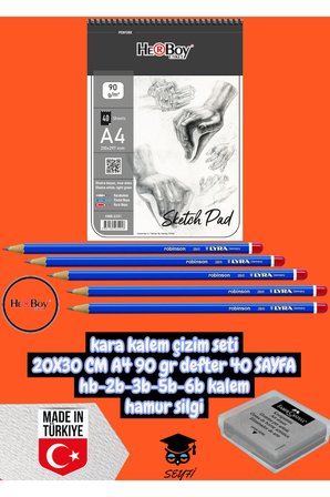kara kalem çizim seti 20X30 CM A4 90 gr defter 40 SAYFA hb-2b-3b-5b-6b kalem hamur silgi herboy