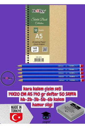 kara kalem çizim seti 14X20 CM A5 140 gr defter 50 SAYFA hb-2b-3b-5b-6b kalem hamur silgi