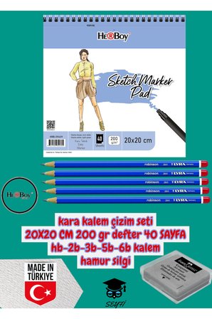 kara kalem çizim seti 20X20 CM 200 gr defter 40 SAYFA hb-2b-3b-5b-6b kalem hamur silgi herboy