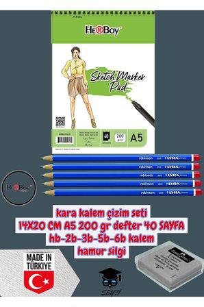 kara kalem çizim seti 14X20 CM A5 200 gr defter 40 SAYFA hb-2b-3b-5b-6b kalem hamur silgi herboy