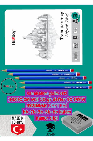 kara kalem çizim seti 30X40 CM A3 50 gr defter 30 SAYFA AYDINGER DEFTERİ hb-2b-3b-5b-6b kalem herboy