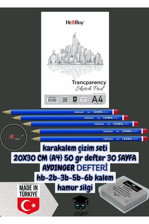 kara kalem çizim seti 20X30 CM A4 50 gr defter 30 SAYFA AYDINGER hb-2b-3b-5b-6b kalemi herboy