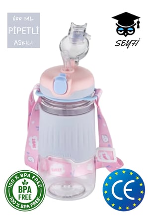 Pipetli 600 ml Boyun Askılı Kaydırmaz Gövde Hayvan Figürlü Su Matarası Vagonlife 2023