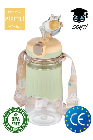 Pipetli 600 ml Boyun Askılı Kaydırmaz Gövde Hayvan Figürlü Su Matarası Vagonlife 2023