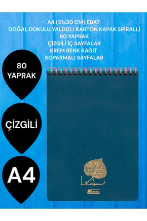 ÇİZGİLİ A4 (21x30 CM) 80 YAPRAK KARTON KAPAK SPİRALLİ KREM RENK SAYFALAR ÜSTTEN AÇILIR LİNDEN