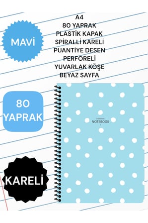 KARELİ A4 80 YAPRAK PLASTİK KAPAK SPİRALLİ PUANTİYE DESEN PERFORELİ YUVARLAK KÖŞE BEYAZ SAYFA