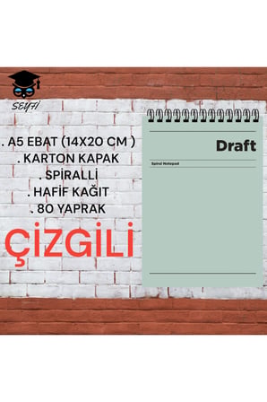 A5 14x20 Cm Çizgili 80 Yaprak Üstten Açılır Karton Kapak Telli Hafif Kağıt 1.hamur Perfore Draft Ser