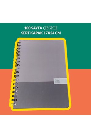 17x24 Cm Çizgisiz 100 Yaprak Plan Sert Kapak Telli Defter 60 Gr Beyaz Sayfa