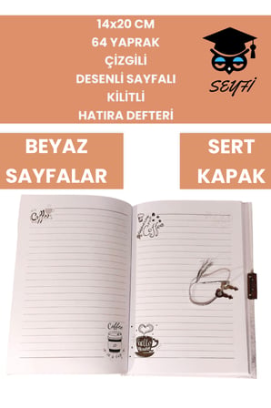14x20 CM 64 YAPRAK ÇİZGİLİ DESENLİ SAYFALI KİLİTLİ HATIRA DEFTERİ GÜNLÜK KAHVE SERİ COFFEE NOTEBOOK