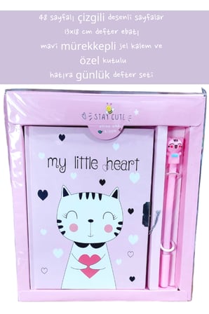48 sayfalı çizgili desenli sayfalar 13x18 cm defter ebatı mavi mürekkepli jel kalem özel kutulu