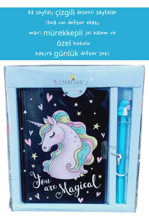 48 sayfalı çizgili desenli sayfalar 13x18 cm defter ebatı mavi mürekkepli jel kalem özel kutulu