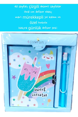 48 sayfalı çizgili desenli sayfalar 13x18 cm defter ebatı mavi mürekkepli jel kalem özel kutulu