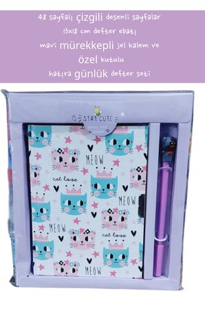 48 sayfalı çizgili desenli sayfalar 13x18 cm defter ebatı mavi mürekkepli jel kalem özel kutulu