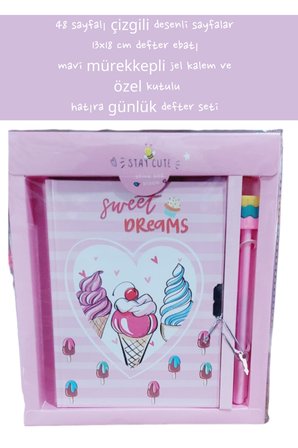48 sayfalı çizgili desenli sayfalar 13x18 cm defter ebatı mavi mürekkepli jel kalem özel kutulu