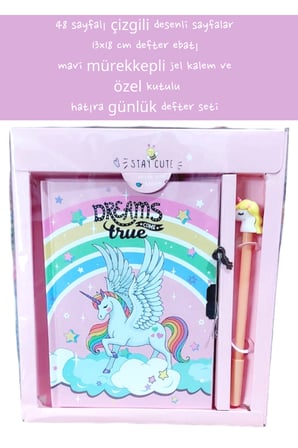 48 sayfalı çizgili desenli sayfalar 13x18 cm defter ebatı mavi mürekkepli jel kalem özel kutulu