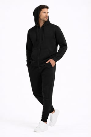 Erkek Siyah Fermuarlı Kapüşonlu Sweatshirt – Üç İplik Şardonlu