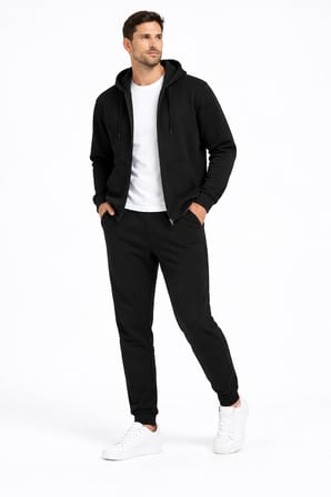 Erkek Siyah Fermuarlı Kapüşonlu Sweatshirt – Üç İplik Şardonlu