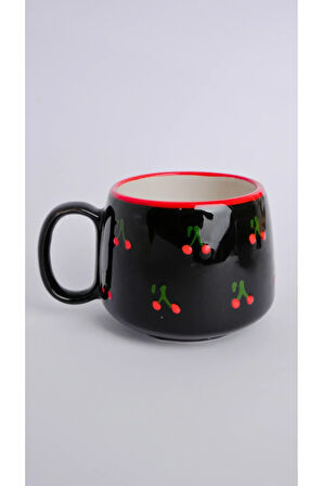 Siyah, Kiraz Desenli El Yapımı Double Seramik Kupa, Seramik Kupa, Mug, Nescafe Kupası, Handmade