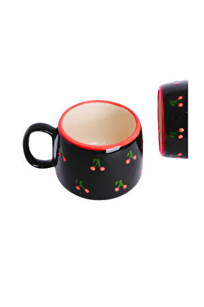 Siyah, Kiraz Desenli El Yapımı Double Seramik Kupa, Seramik Kupa, Mug, Nescafe Kupası, Handmade