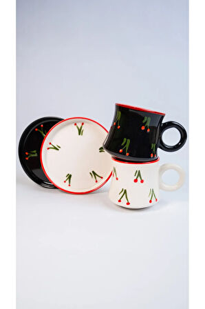 6’lı Takım Siyah Beyaz  El Yapımı kazan Seramik Kahve Fincanı, Kahve Fincanı