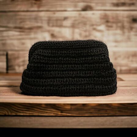 EL YAPIMI SİYAH RENK HASIR GÖRÜNÜMLÜ KAĞIT İP CLUTCH ÇANTA