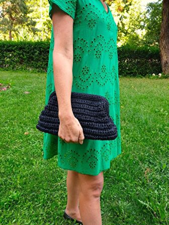 EL YAPIMI SİYAH RENK HASIR GÖRÜNÜMLÜ KAĞIT İP CLUTCH ÇANTA