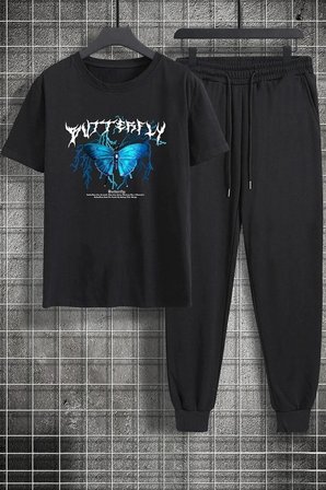 Unisex Blue Butterfly Baskılı 2'li Eşofman Takımı