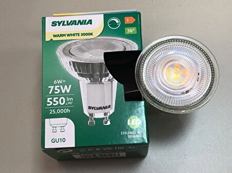 6 ADET SYLVANIA  DİMLİ  6W=75W 550 LÜMEN GU 10 3000KELVİN LED SPOT  25,000 SAAT   