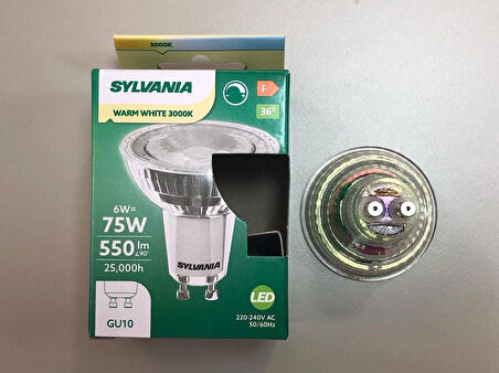 6 ADET SYLVANIA  DİMLİ  6W=75W 550 LÜMEN GU 10 3000KELVİN LED SPOT  25,000 SAAT   