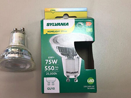 SYLVANIA  DİMLİ  6W=75W 550 LÜMEN GU 10 2700 KELVİN LED SPOT  25,000 SAAT