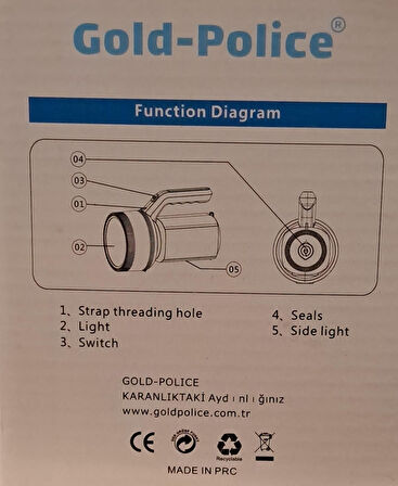 GOLD-POLİCE LED EL FENERİ ŞARJLI 10 W GP-2603 ( 21 cm )-( ÇAP 10.5 cm )