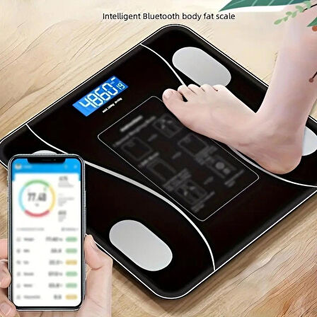 Bluetooth Siyah Dijital Yağ Ölçer Vücut Analiz Tartısı – Akıllı Uygulama Destekli, Yağ, Kas, Su, BMI Ölçer