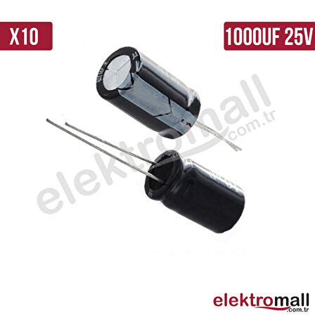 1000UF 25V Elektrolitik Kondansatör 10x17mm - 10 Adet