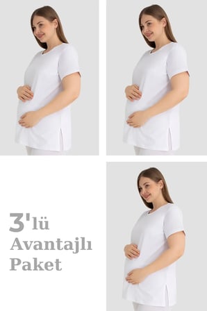 Delux Serisi Anne Yazlık Sadelik Pamuklu Kısa Kollu Hamile Tişört Beyaz 3'lü Paket