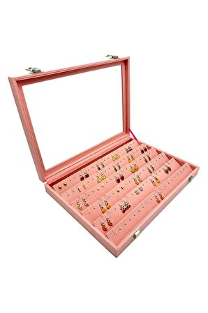 Camlı Küpe Koleksiyon Kutusu Süet Pembe