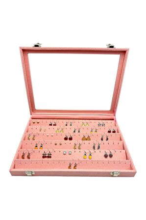 Camlı Küpe Koleksiyon Kutusu Süet Pembe